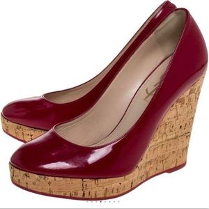 YSL patent leather cork wedges.